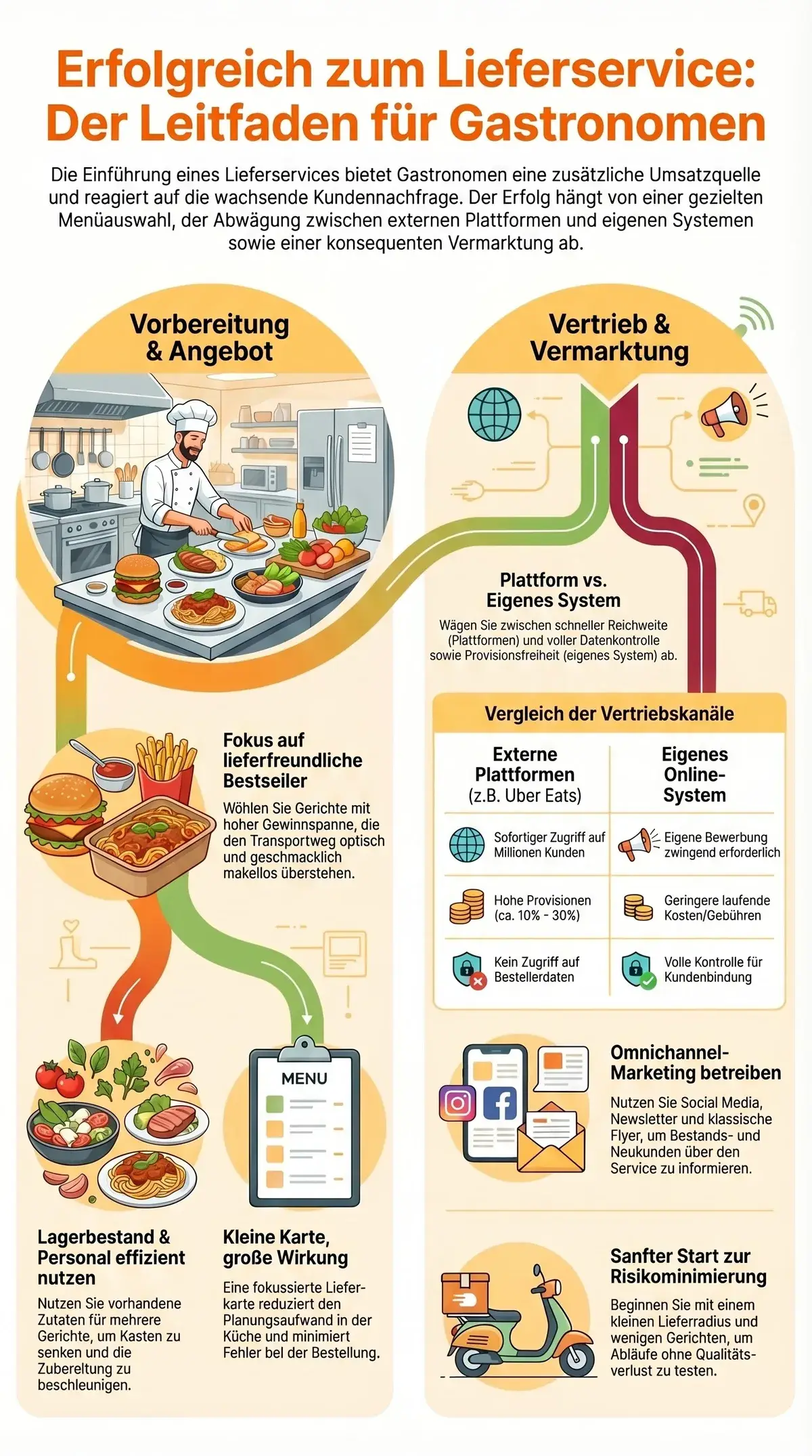 Lieferservice Leitfaden für Gastronomen – Infografik mit allen Schritten von Angebot bis Vermarktung