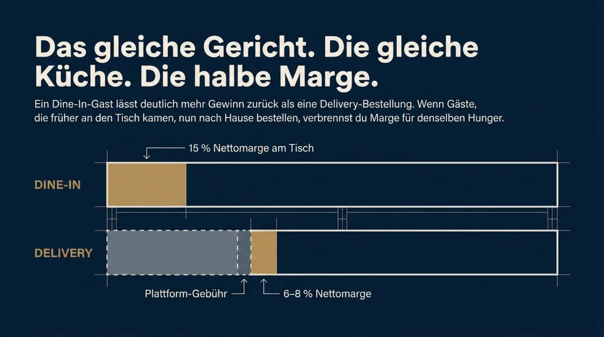 Margenvergleich Dine-In 15% Nettomarge vs. Delivery 6-8% nach Plattform-Provision