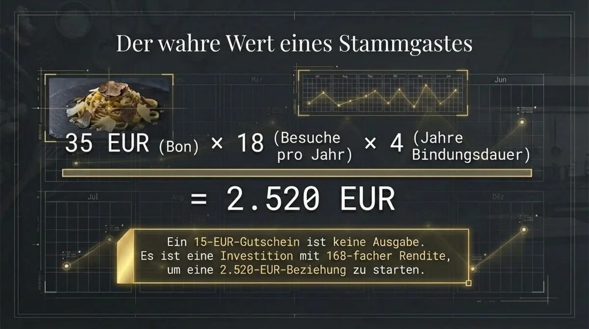 Lifetime Value Berechnung: Ein Stammgast ist 35 EUR mal 18 Besuche mal 4 Jahre gleich 2.520 EUR wert