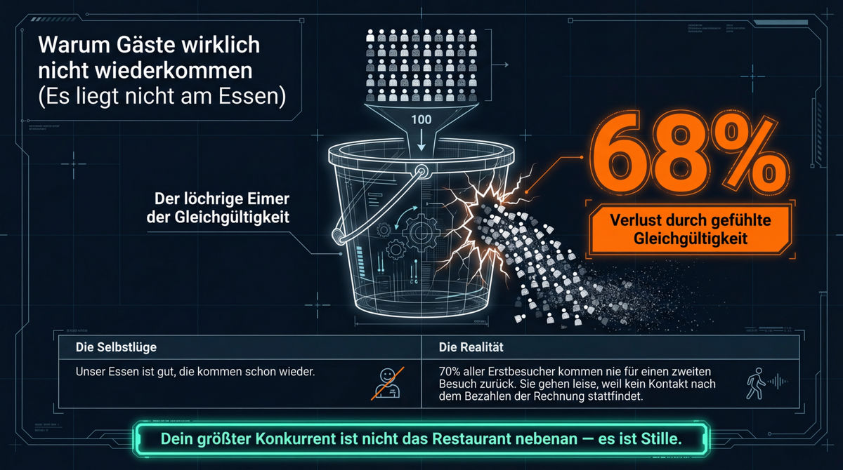 Der löchrige Eimer: 68 Prozent Verlust durch gefühlte Gleichgültigkeit, 70 Prozent der Erstbesucher kommen nie wieder