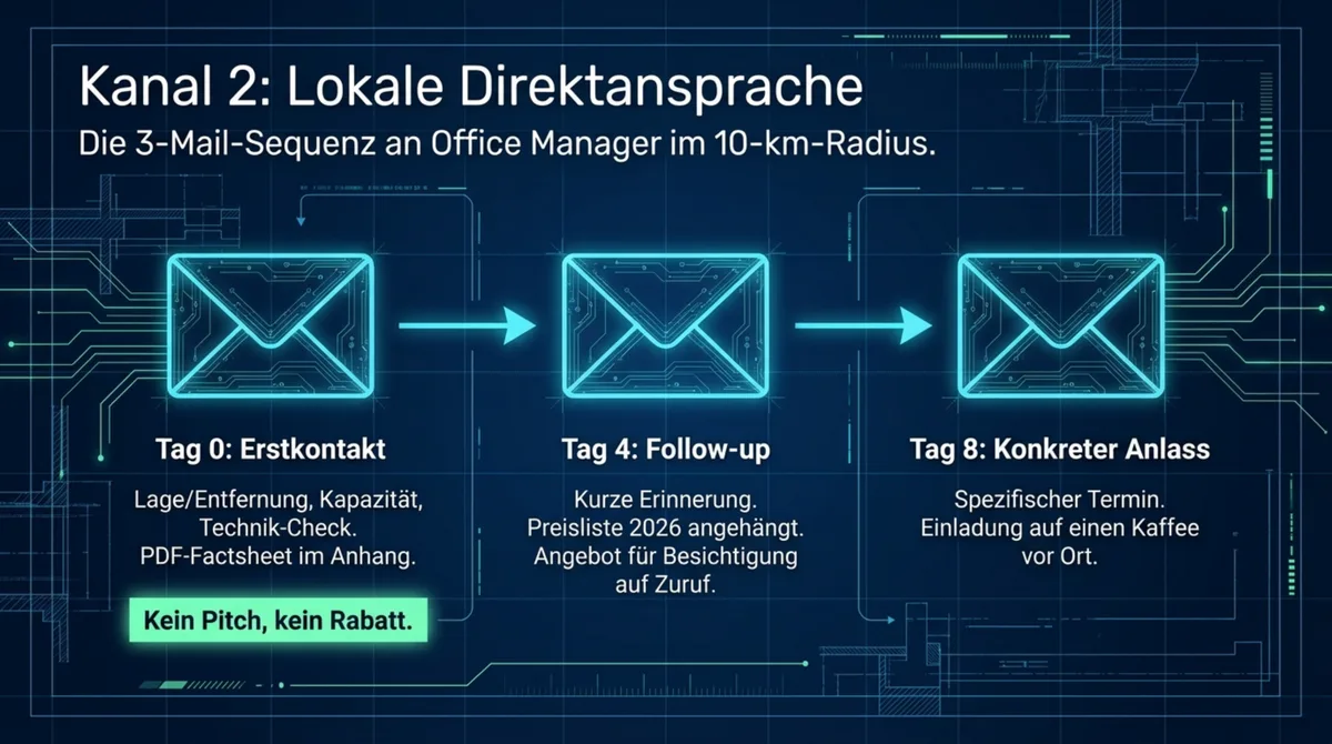 Lokale Firmen-Direktansprache Restaurant: 3-Mail-Sequenz an Office Manager über 8 Tage, Intro Follow-up konkreter Anlass
