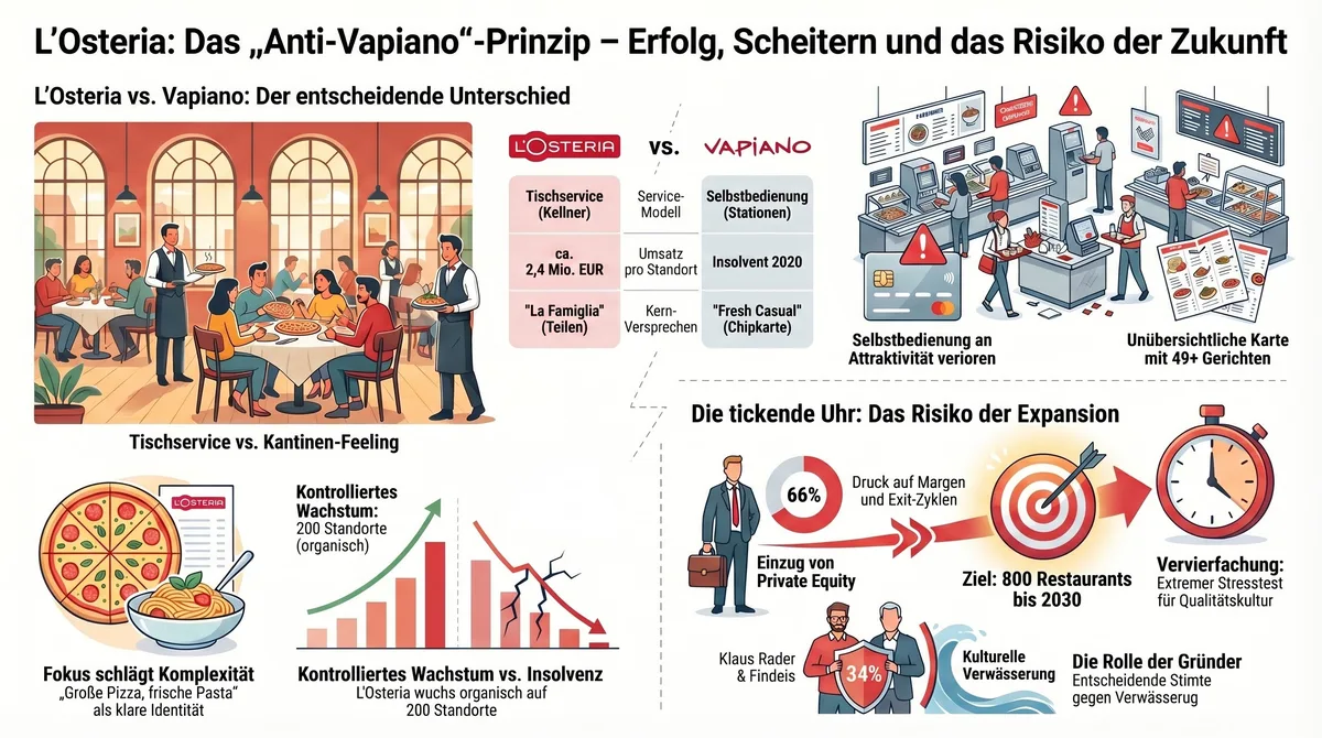 Das Anti-Vapiano-Prinzip: L'Osteria Tischservice, Fokus und kontrolliertes Wachstum gegen Vapiano Selbstbedienung und Insolvenz – komplette Vergleichsinfografik