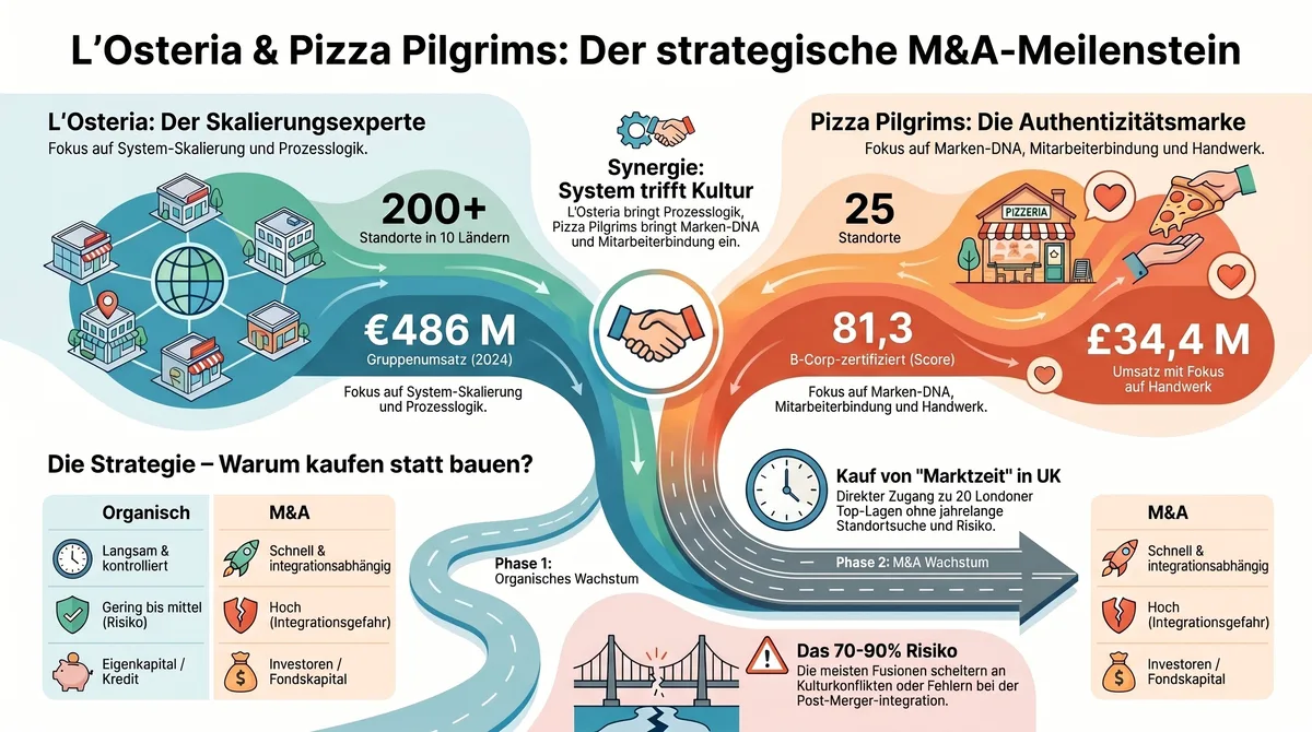 L'Osteria und Pizza Pilgrims: Der strategische M&A-Meilenstein – Infografik zu Strategie, Phase 1 vs. Phase 2 und 70-90-Prozent-Risiko