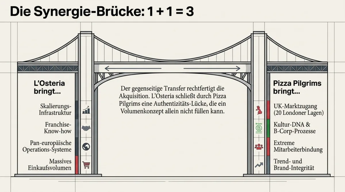 L'Osteria Pizza Pilgrims Synergie-Brücke: gegenseitiger Transfer – Skalierungs-Infrastruktur gegen B-Corp-Kultur und UK-Marktzugang