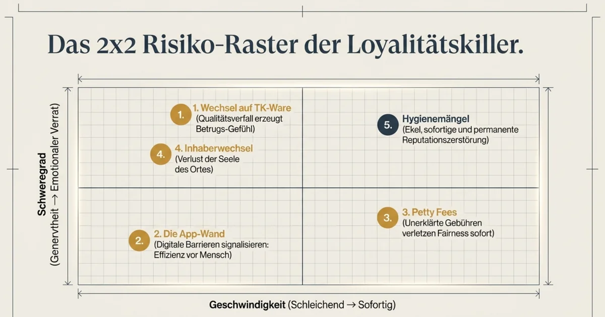 2x2 Risiko-Raster der fünf Loyalitätskiller im Restaurant: TK-Ware, Inhaberwechsel, App-Wand, Petty Fees und Hygienemängel