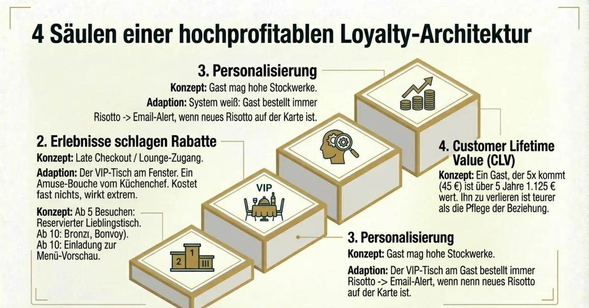 4-Säulen Loyalty-Architektur für Hotels und Restaurants: Stufenmotivation, Erlebnisse, Personalisierung und Customer Lifetime Value