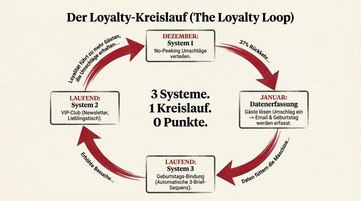 Loyalty-Kreislauf Restaurant: 3 Systeme als geschlossener Kreislauf – Überraschungs-Umschlag, Datenerfassung, VIP-Club, Geburtstags-Bindung