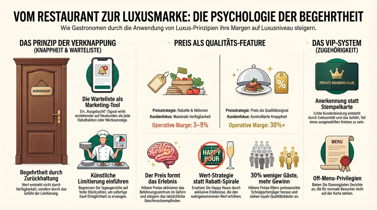 Infografik: Vom Restaurant zur Luxusmarke – Verknappung, Preis als Qualitäts-Feature und VIP-System im Überblick