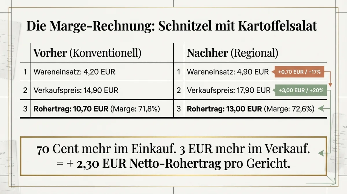 Marge-Rechnung Schnitzel: konventionell 10,70 EUR Rohertrag vs. regional 13,00 EUR Rohertrag bei nur 70 Cent mehr Wareneinsatz