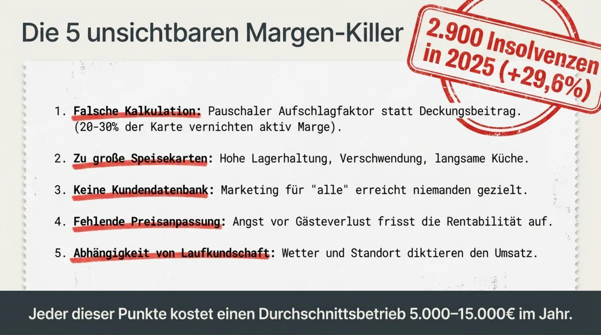 Die 5 unsichtbaren Margen-Killer in der Gastronomie – falsche Kalkulation, zu große Speisekarte, keine Kundendatenbank