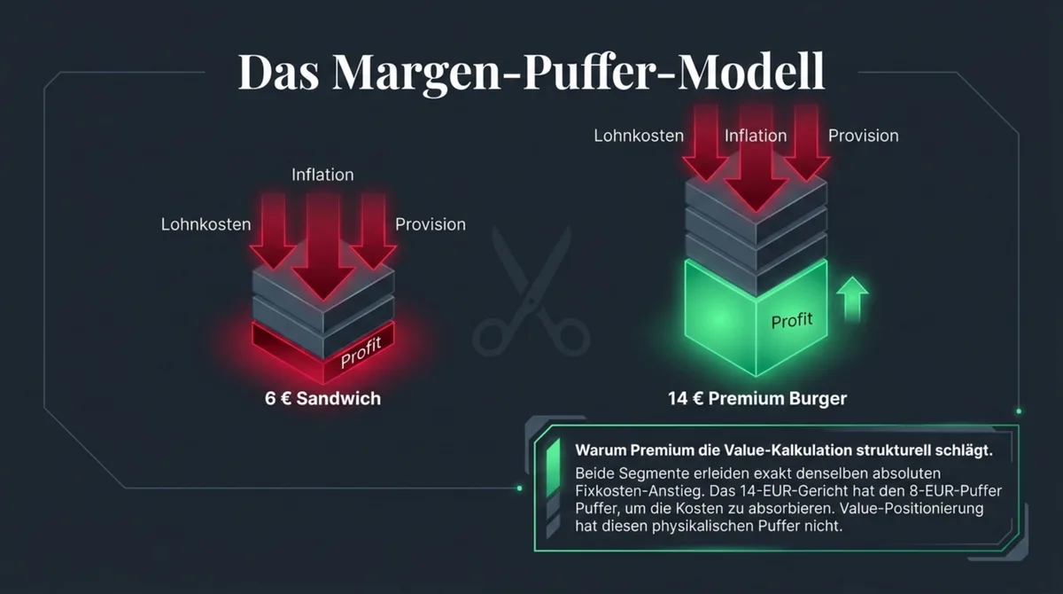 Das Margen-Puffer-Modell: 6 Euro Sandwich vs. 14 Euro Premium Burger – wie Lohnkosten, Inflation und Plattform-Provision unterschiedlich absorbiert werden