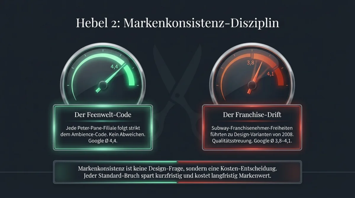 Hebel 2 Markenkonsistenz-Disziplin: Peter Pane Google-Bewertung Ø 4,4 durch Feenwelt-Code vs. Subway Franchise-Drift Ø 3,8 bis 4,1