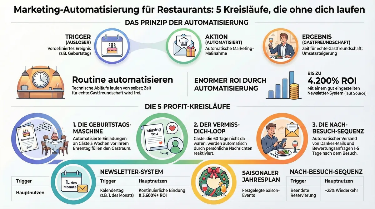 Marketing-Autopilot System für Restaurants: 5 Kreisläufe als Übersicht mit Trigger, Hauptnutzen und bis zu 4200% ROI