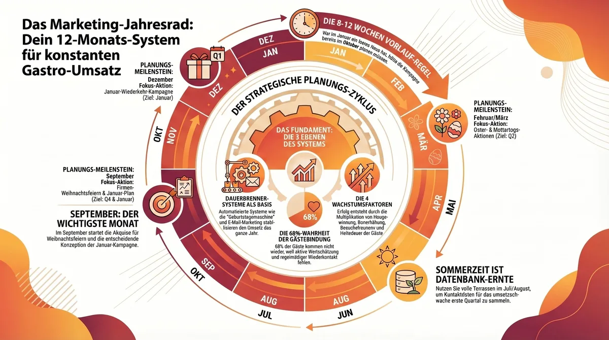 Marketing-Jahresrad Übersicht: 12 Monate Restaurant-Marketing im strategischen Planungszyklus