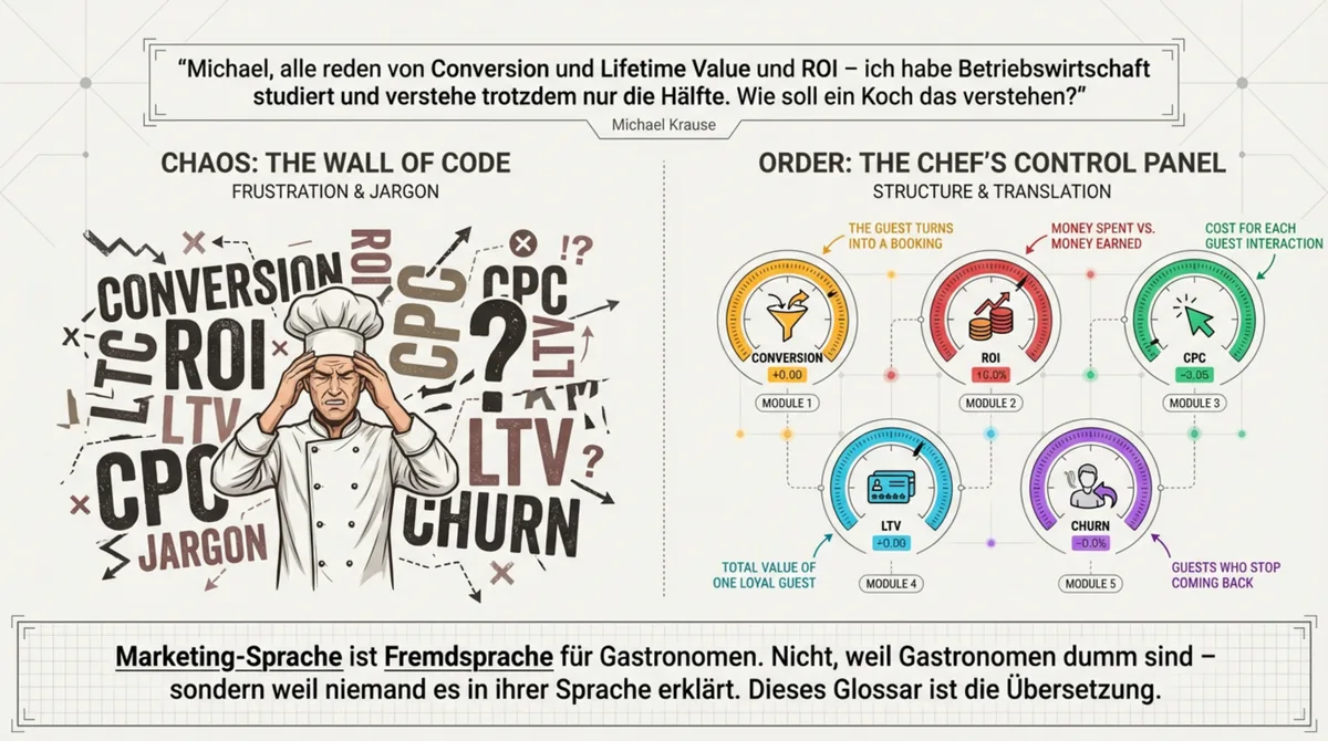 Marketing-Jargon Chaos versus strukturiertes Chef's Control Panel für Gastronomen