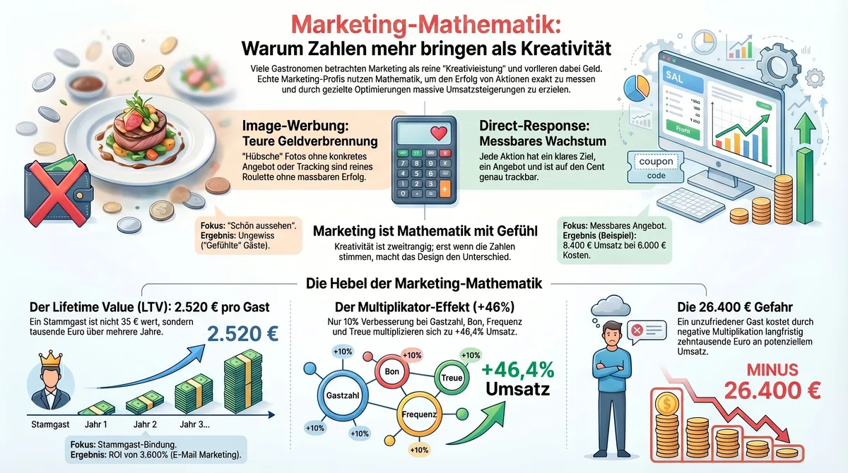 Marketing-Mathematik Infografik: Lifetime Value, Multiplikator-Effekt und die 4 GastroInsider Wachstumsfaktoren im Überblick
