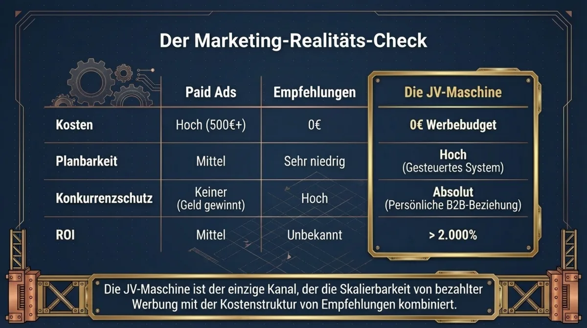 Marketing-Realitäts-Check: JV-Maschine mit 0€ Kosten und über 2.000% ROI im Vergleich zu Paid Ads und Empfehlungen