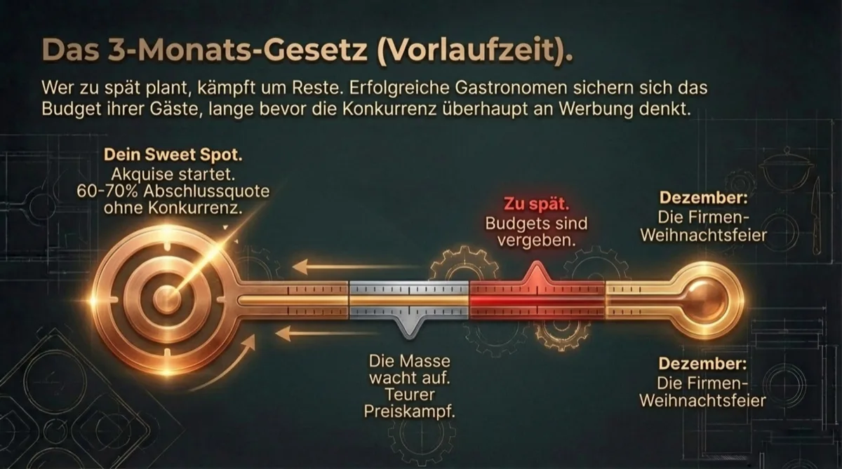 Das 3-Monats-Gesetz: Wer 3 Monate vor Events akquiriert, erreicht 60-70 Prozent Abschlussquote ohne Konkurrenz