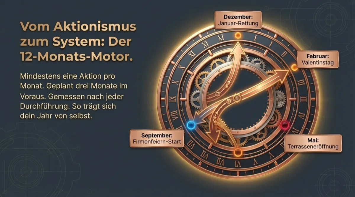 Vom Aktionismus zum System: Der 12-Monats-Motor — mindestens eine geplante Aktion pro Monat, 3 Monate im Voraus geplant
