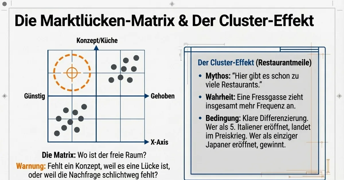 Marktlücken-Matrix für Restaurants: Preis vs. Konzept-Typ zur Identifikation von Marktlücken und Cluster-Effekten