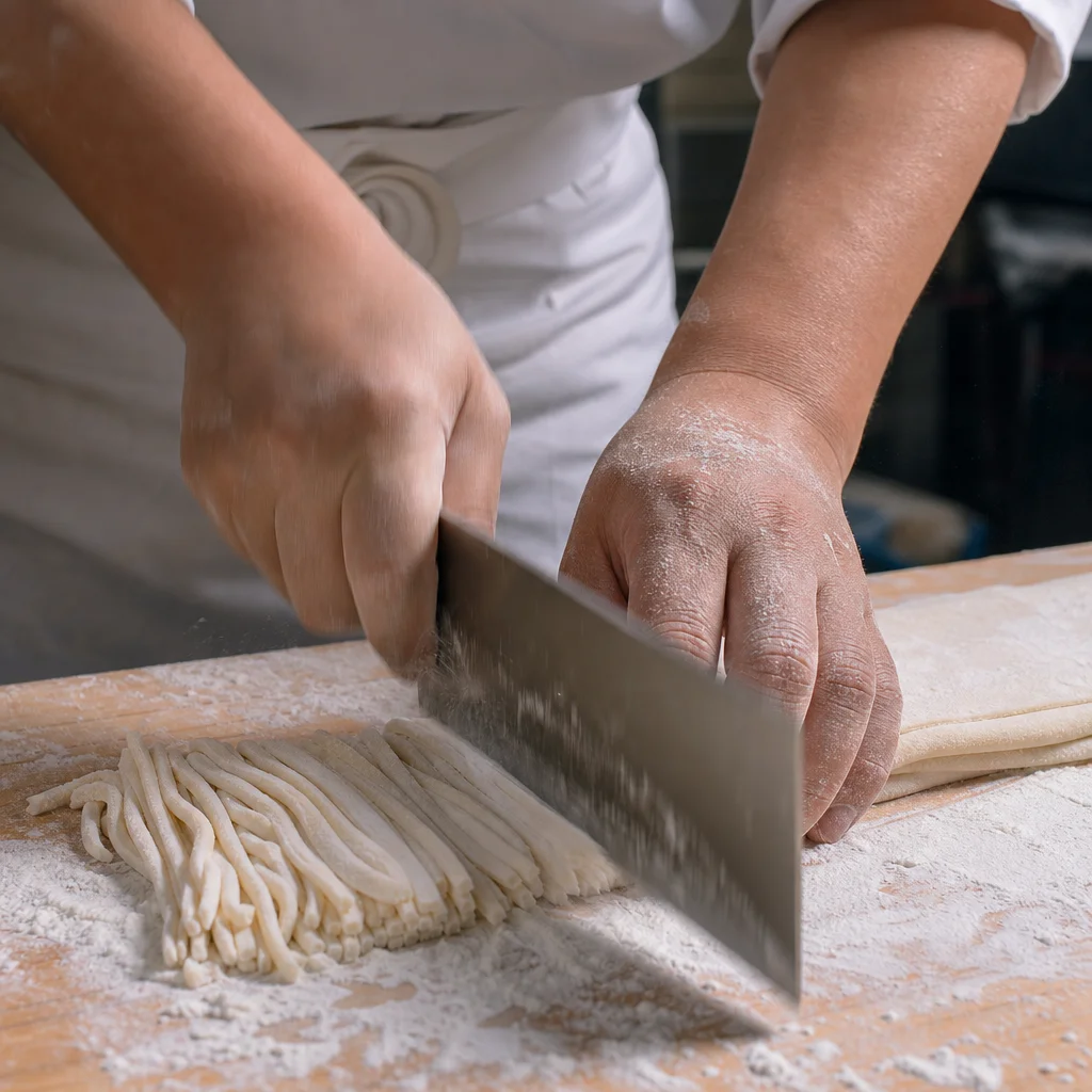 Hände eines Kochs schneiden frischen Udon-Nudelteig mit langem Messer