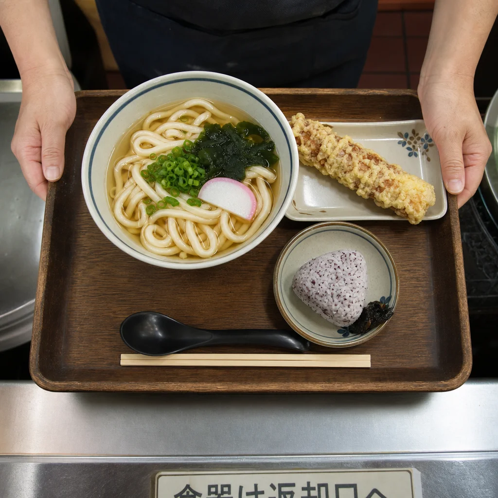Cafeteria-Style-Tablett mit Udon-Bowl, Tempura und Reisball am Counter-Pass