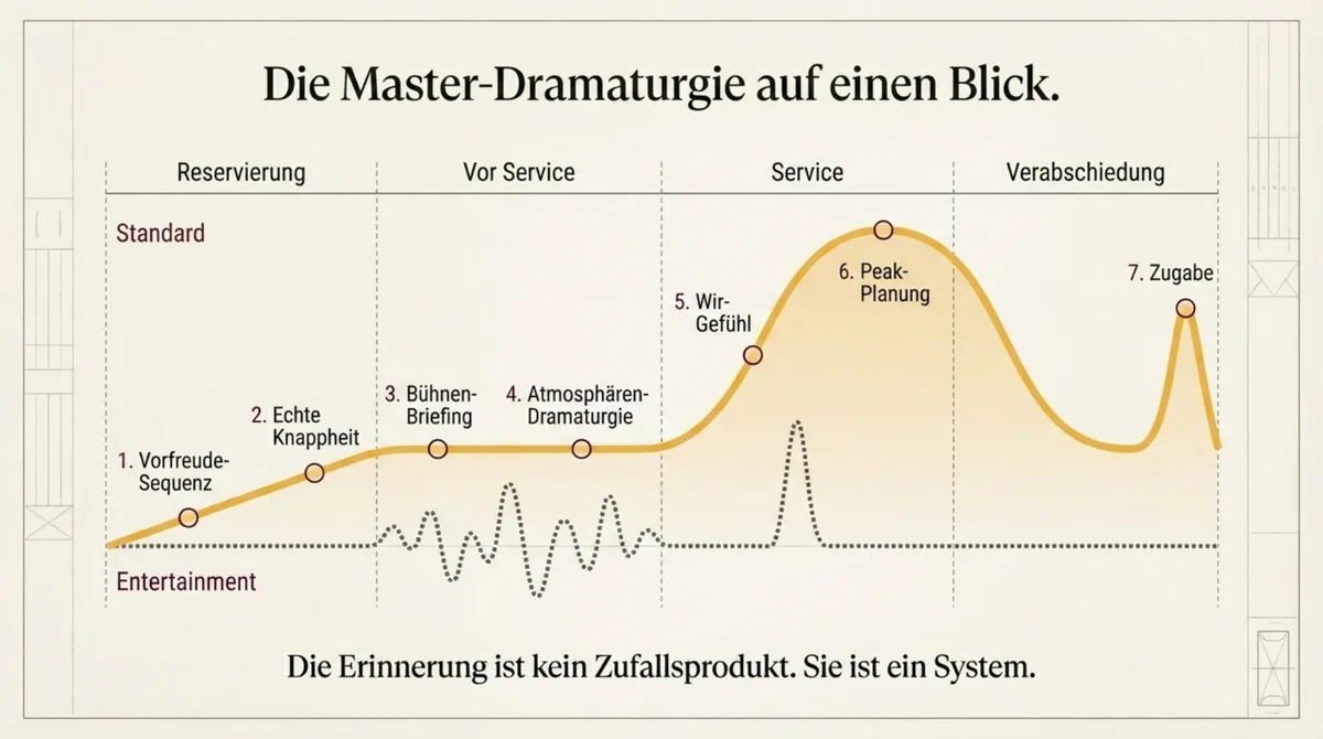 Master-Dramaturgie Restaurant: Alle 7 Mechanismen von Vorfreude-Sequenz bis Zugabe als Wellendiagramm – die Erinnerung ist ein System
