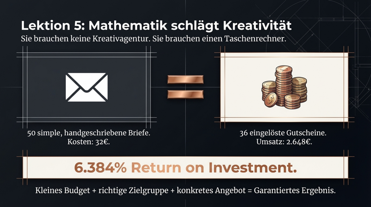 Mathematik schlägt Kreativität: 50 handgeschriebene Briefe für 32 Euro erzeugen 2.648 Euro Umsatz — 6.384 Prozent ROI