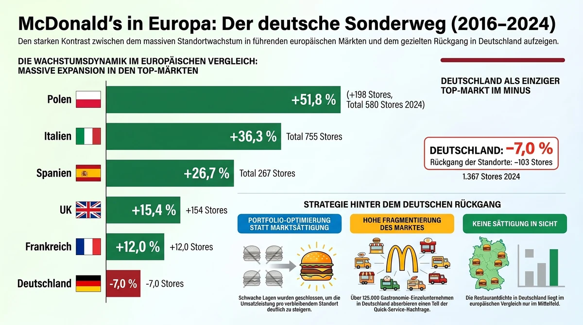 McDonald's Deutschland 2016–2024: minus 7,0 Prozent Standorte während Polen, Italien und Spanien expandieren