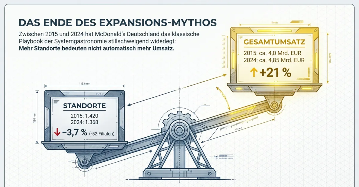 McDonald's Deutschland 2015 vs. 2024: −3,7 Prozent Standorte, +21 Prozent Gesamtumsatz – das Ende des Expansions-Mythos in der Systemgastronomie
