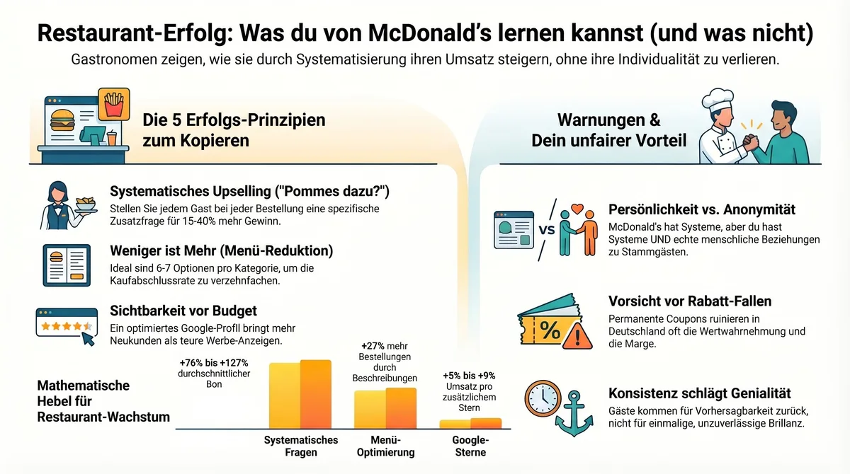 Infografik: Was Restaurants von McDonald's lernen können und was nicht – Übersicht der 5 Prinzipien und Warnungen