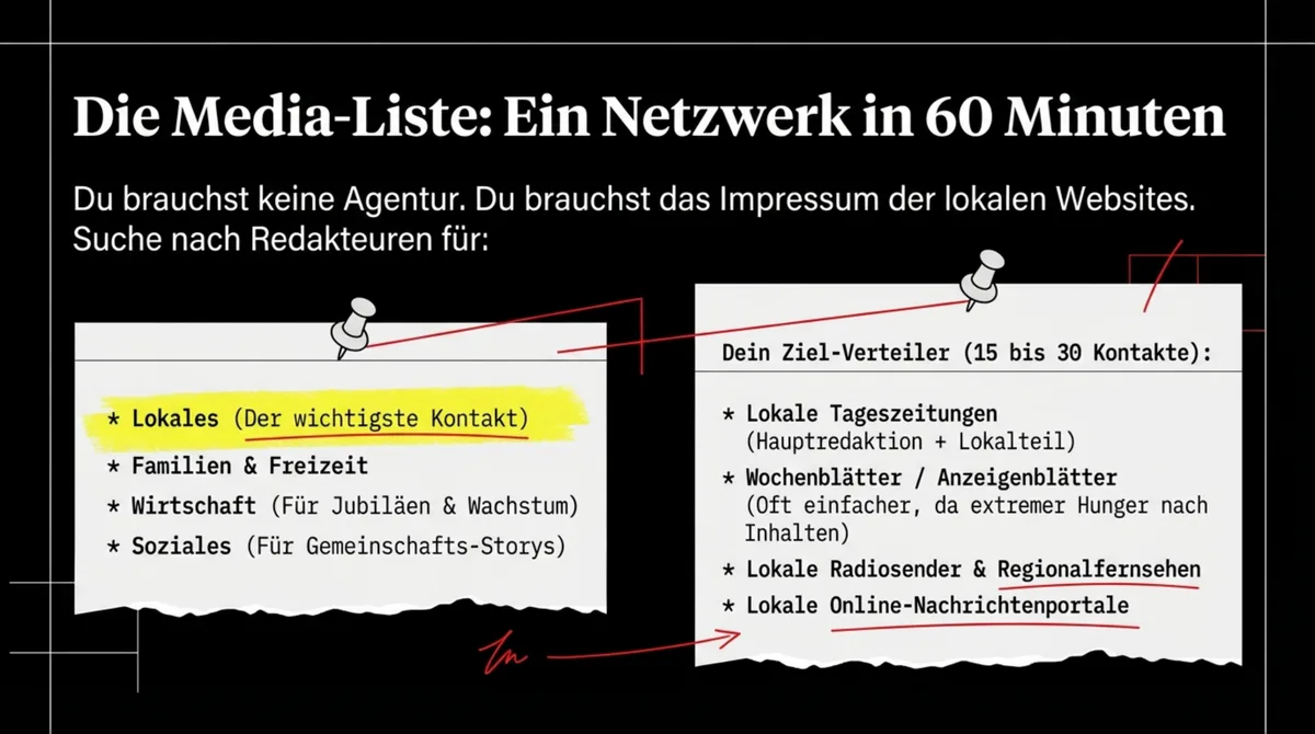 Media-Liste für Restaurant-Pressearbeit: Redakteure für Lokales, Familien, Wirtschaft und Soziales kontaktieren – 15 bis 30 Kontakte in 60 Minuten
