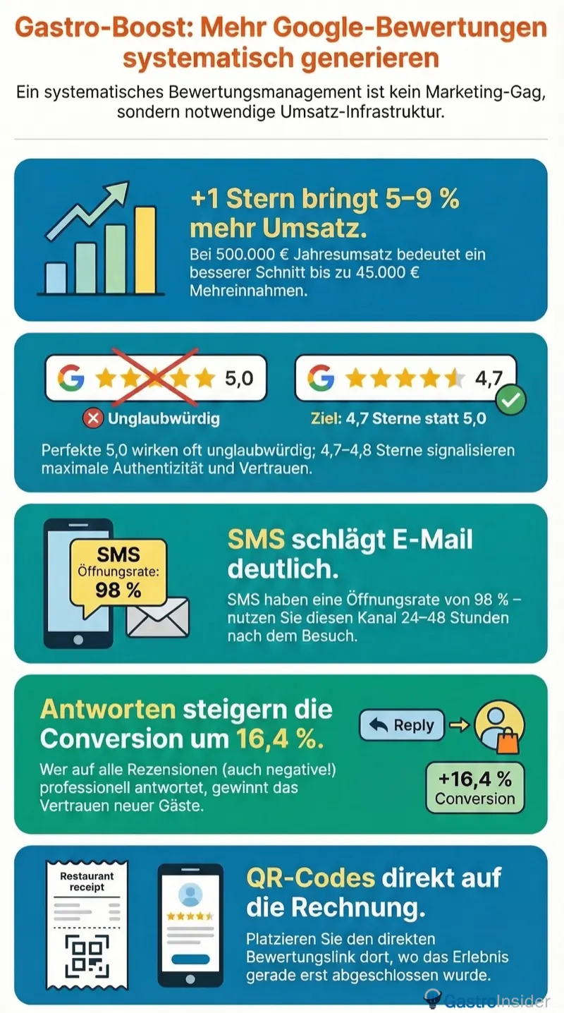Infografik: Mehr Google-Bewertungen für Restaurants systematisch generieren — SMS, QR-Codes, SEO-Antworten