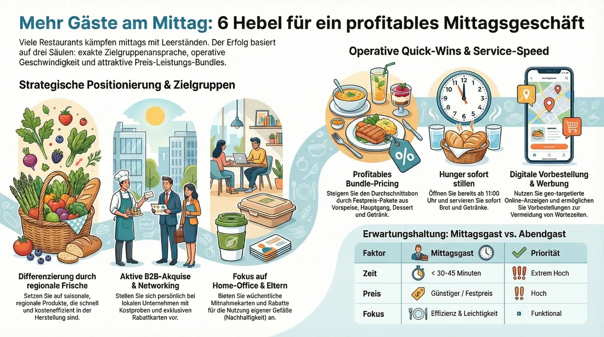 Mehr Mittagsgäste gewinnen: 6 Hebel für ein profitables Mittagsgeschäft – Infografik