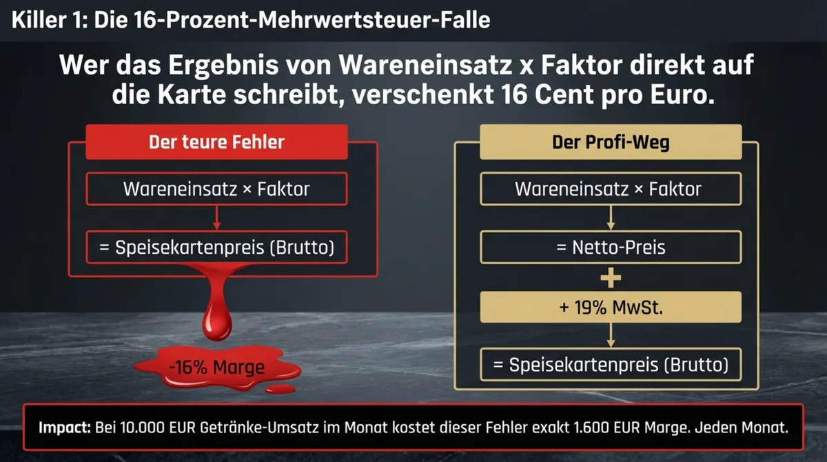 Mehrwertsteuer-Falle Getränke Gastronomie – 19 Prozent MwSt immer auf Netto kalkulieren nicht auf Brutto