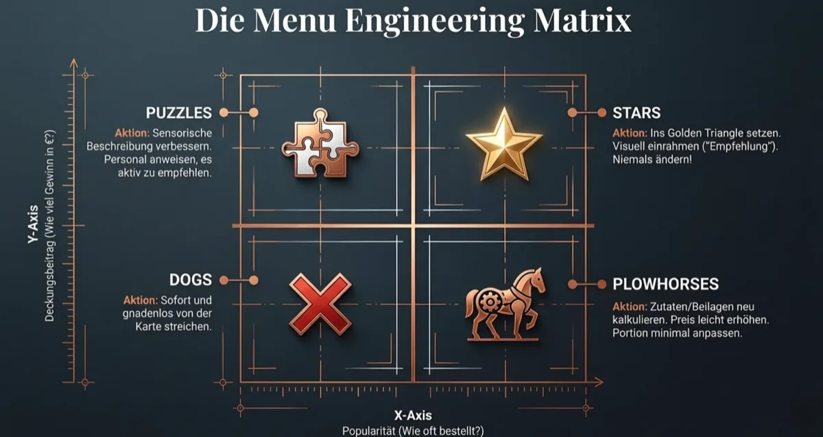 Die Menu Engineering Matrix: Stars (hohe Marge, viele Bestellungen), Puzzles (hohe Marge, wenig Bestellungen), Plowhorses (niedrige Marge, viele Bestellungen), Dogs (niedrige Marge, wenig Bestellungen)
