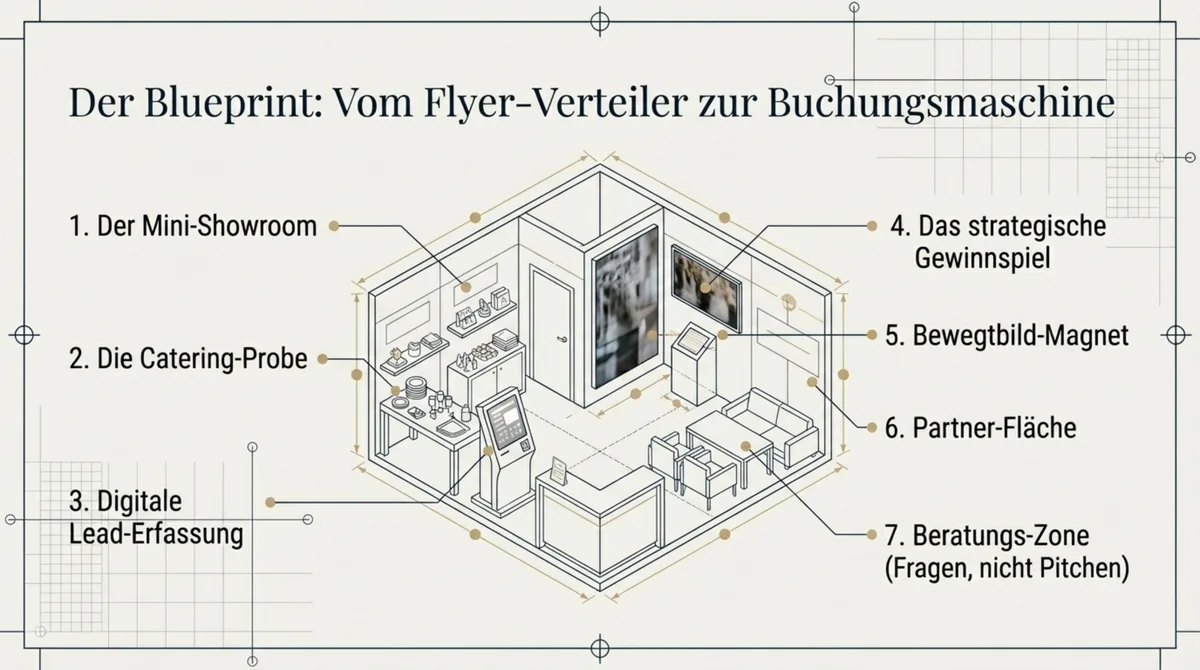 Blueprint für den perfekten Hochzeitsmesse-Stand: 7 Elemente vom Mini-Showroom über Catering-Proben bis zur Beratungszone