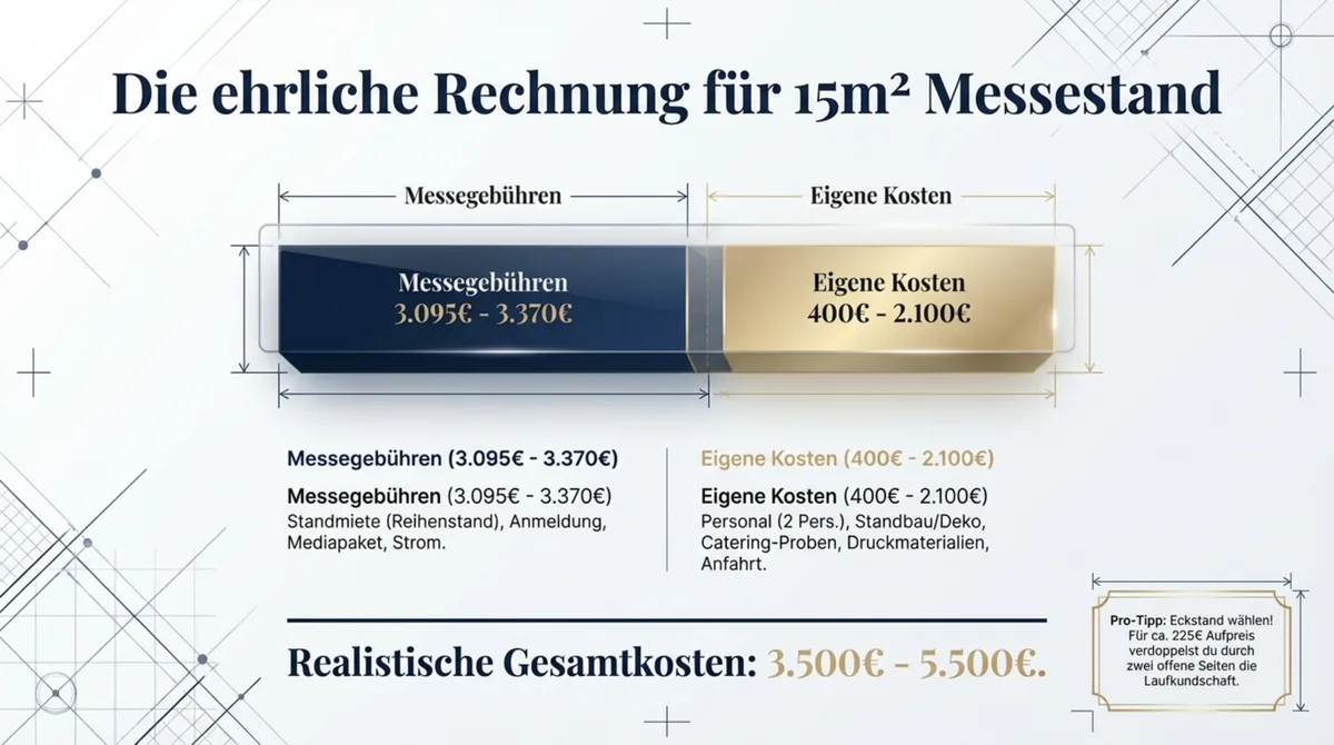 Kostenaufstellung Hochzeitsmesse: Messegebühren und eigene Kosten für einen 15 Quadratmeter Reihenstand