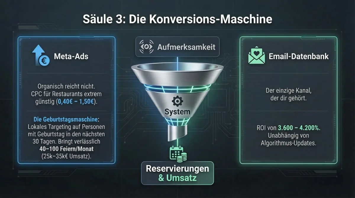 Säule 3 Konversion: Meta-Ads mit CPC von 40 Cent bis 1,50 Euro für Restaurants und E-Mail-Datenbank mit ROI von 3600 bis 4200 Prozent, unabhängig von Algorithmus-Updates
