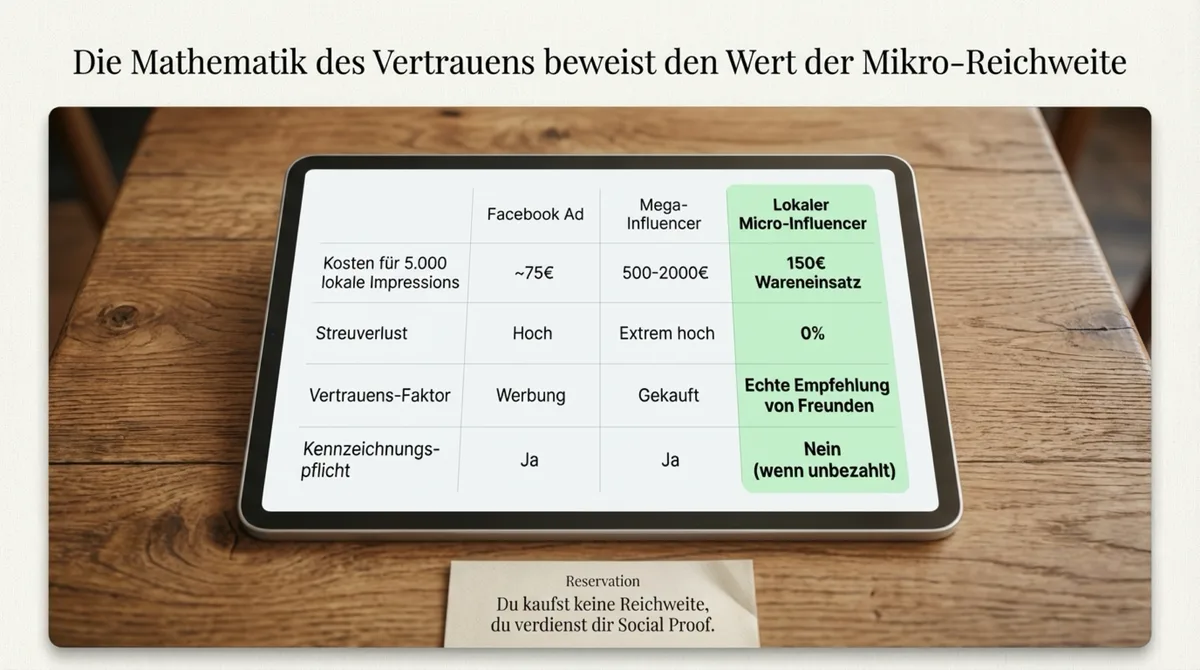 Vergleichstabelle Facebook Ad vs. Mega-Influencer vs. lokaler Micro-Influencer: Kosten, Streuverlust, Vertrauensfaktor und Kennzeichnungspflicht