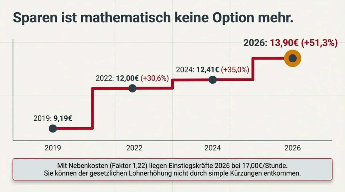 Mindestlohn Gastronomie 2026: Entwicklung von 9,19 Euro 2019 auf 13,90 Euro 2026 – ein Plus von 51,3 Prozent