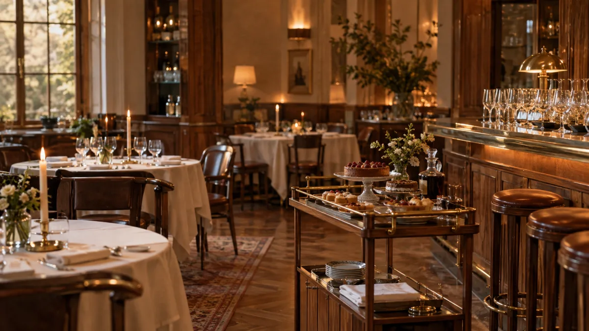 Gedeckter Gastraum mit Dessertwagen vor dem Abendservice: Umsatz pro Gast steigern