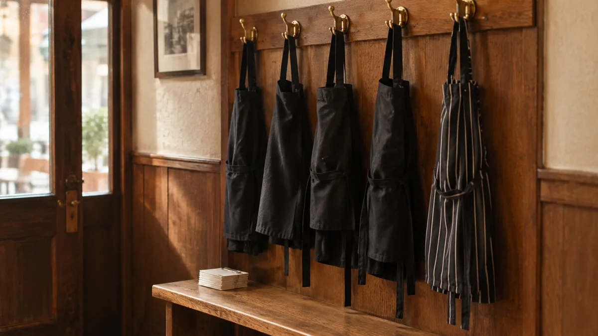 Schürzen der Aushilfen an Haken im Personaleingang, Minijob in der Gastronomie 2027
