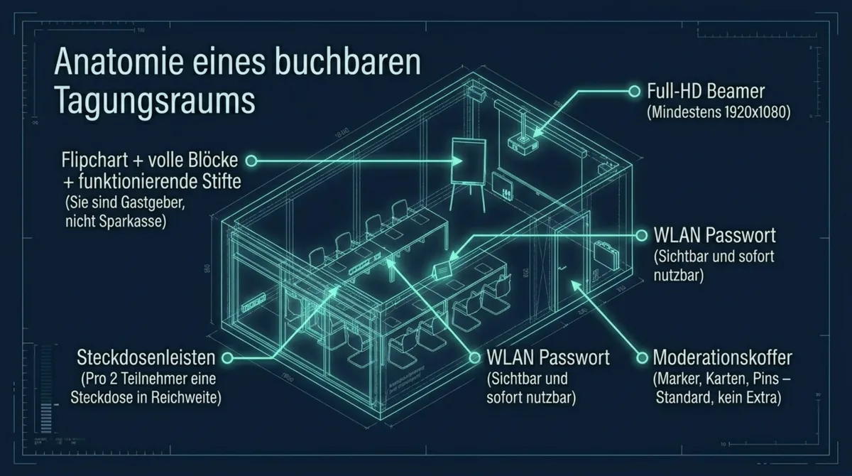 Minimal-Technik Tagungsraum: 50 Mbit WLAN, Full-HD Beamer, Moderationskoffer, Steckdosen pro 2 Plätze, Flipchart