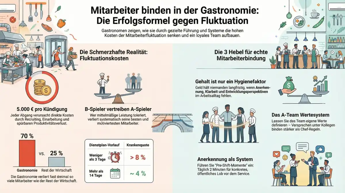Mitarbeiter binden in der Gastronomie Infografik: Die Erfolgsformel mit Anerkennungssystem, 14-Tage-Dienstplan und A-Team-Wertesystem