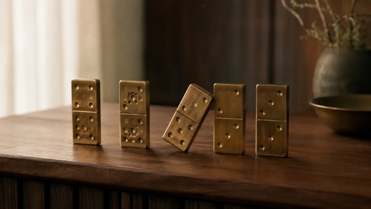 Fünf kippende Messing-Dominos als Symbol für strukturelle Mitarbeiter-Fehler in der Gastronomie