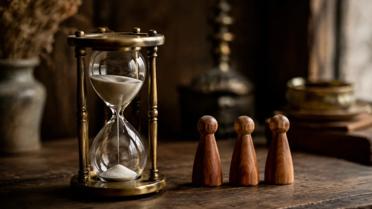 Messing-Sanduhr mit drei Holzmarkern als Symbol für die 90-Tage-Onboarding-Phase in der Gastronomie