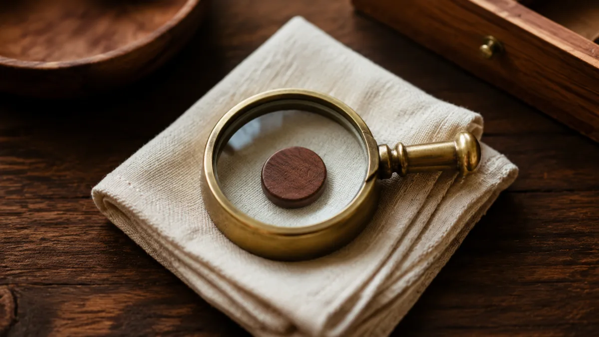 Messing-Lupe und Holz-Token als Symbol für die verdichtete Mitarbeiter-System-Übersicht