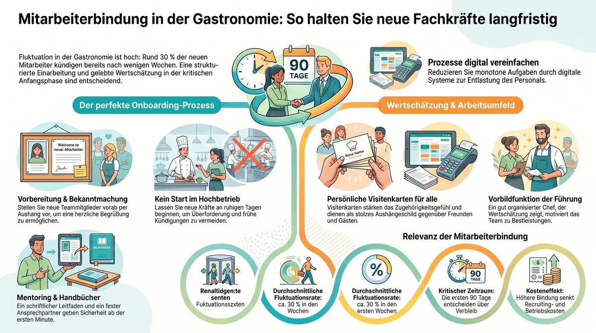 Mitarbeiterbindung Gastronomie Infografik: Onboarding-Prozess und Strategien neue Fachkräfte halten