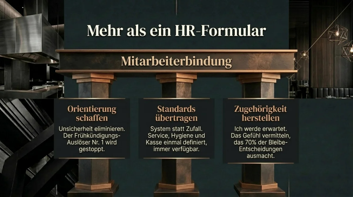 Einarbeitungsplan Gastronomie – drei Säulen der Mitarbeiterbindung: Orientierung schaffen, Standards übertragen, Zugehörigkeit herstellen